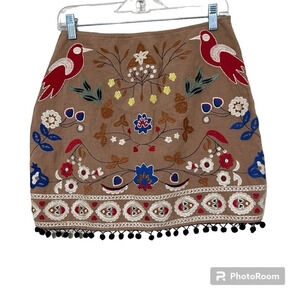 Umgee Boho Embroidered Mini Skirt Birds Floral Pom Pom Hem